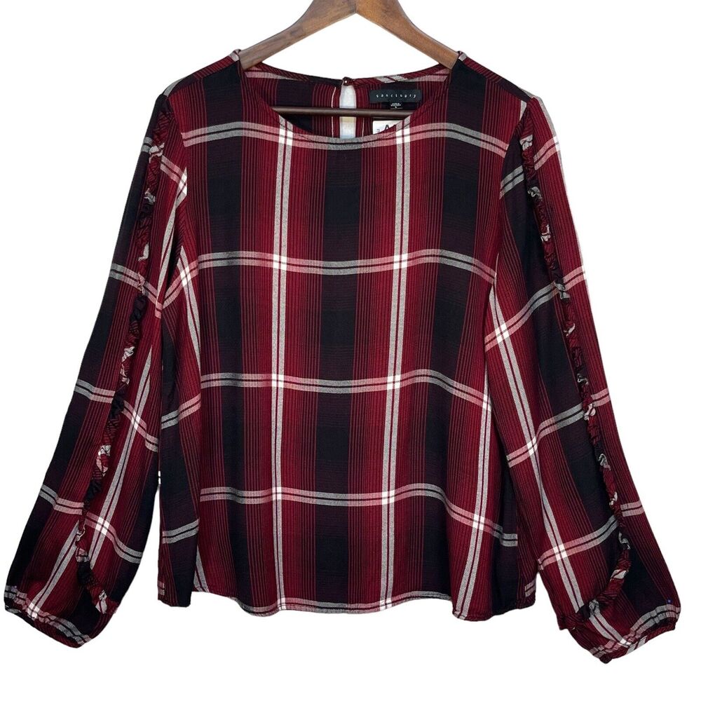 Sanctuary Top Women Size L Red Plaid Long Sleeve‎ Casual Boat Neck Ruffled Knit